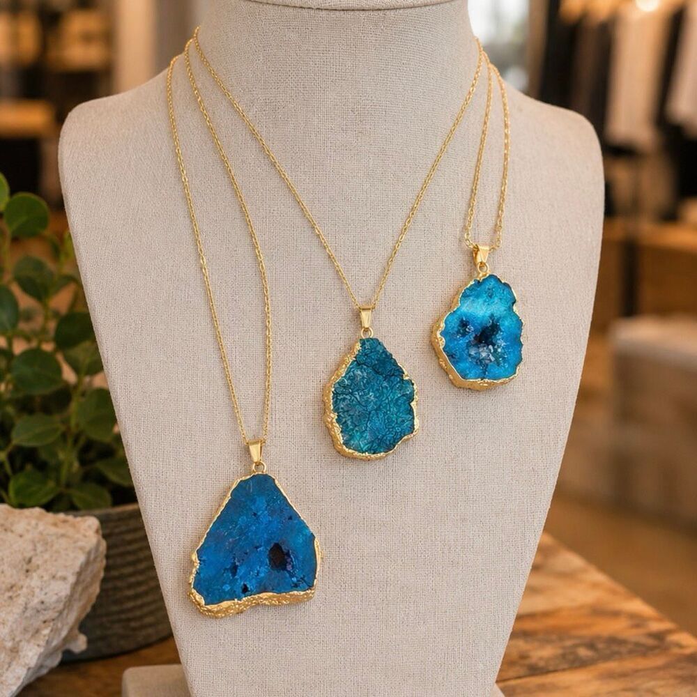 Freeform Blue Agate or Quartz Pendant Necklace Gold Tone Chain